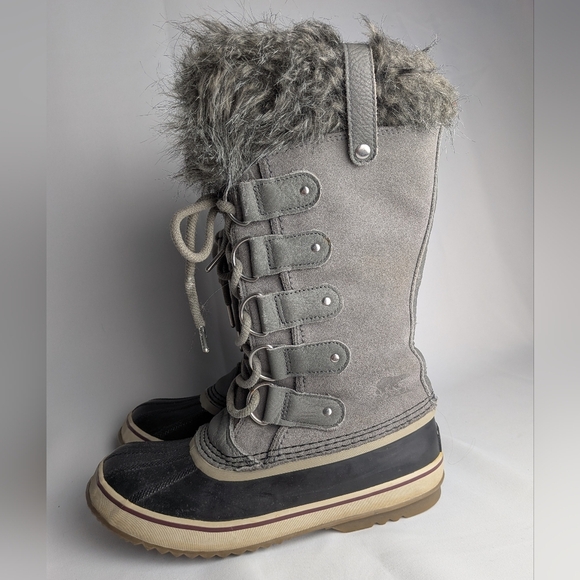 SOREL Women Winter Snow Boots Gray Suede Size 8 Faux Fur Lace Up Waterproof - Picture 6 of 10